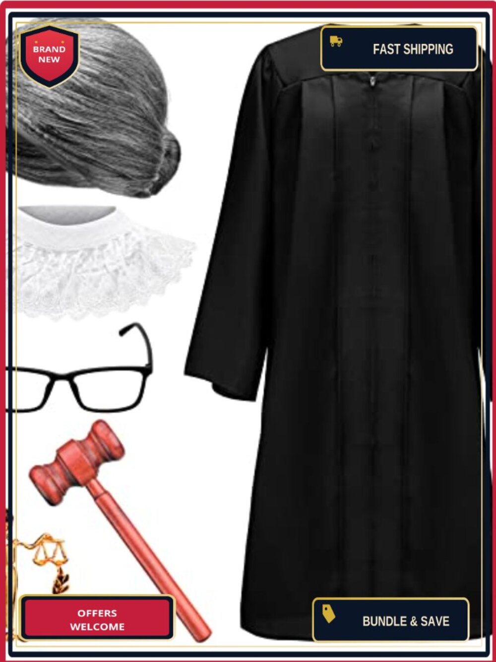 Judge Costume Set 6 Pcs Halloween Cosplay Robe Gavel Wig Collar for Adult